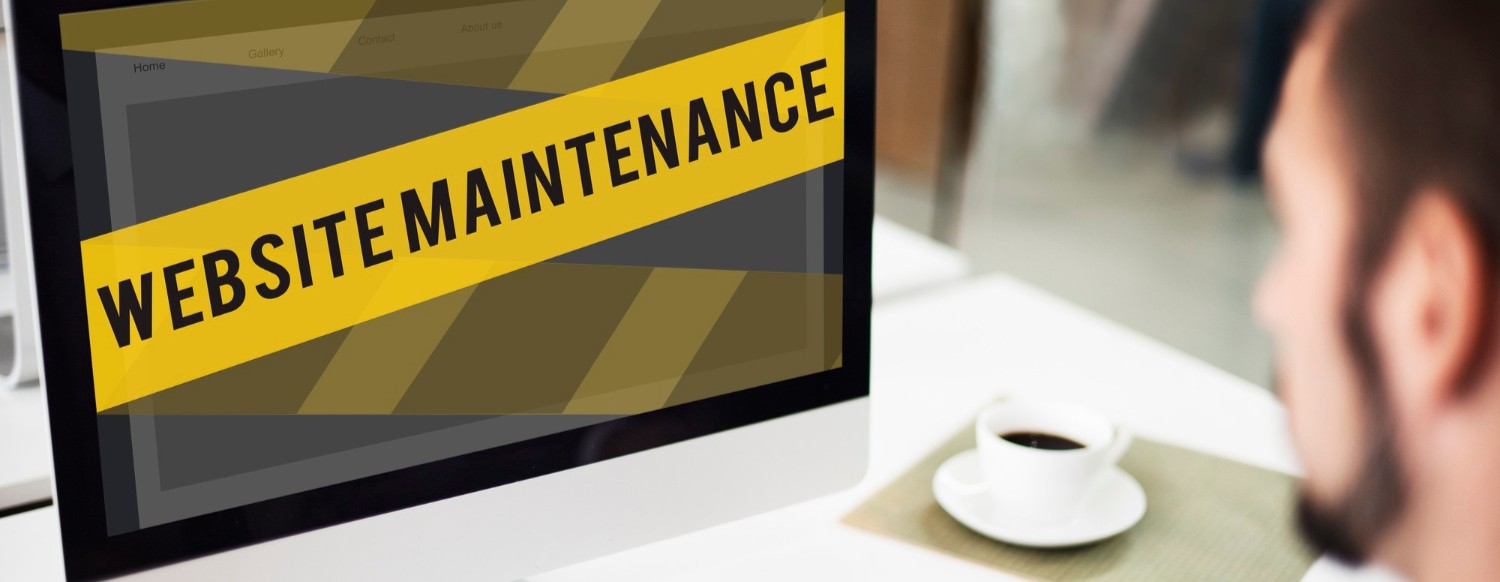 Professional Website Maintenance Service Banner showing a developer working on a laptop with icons for security, updates, backups, and performance monitoring