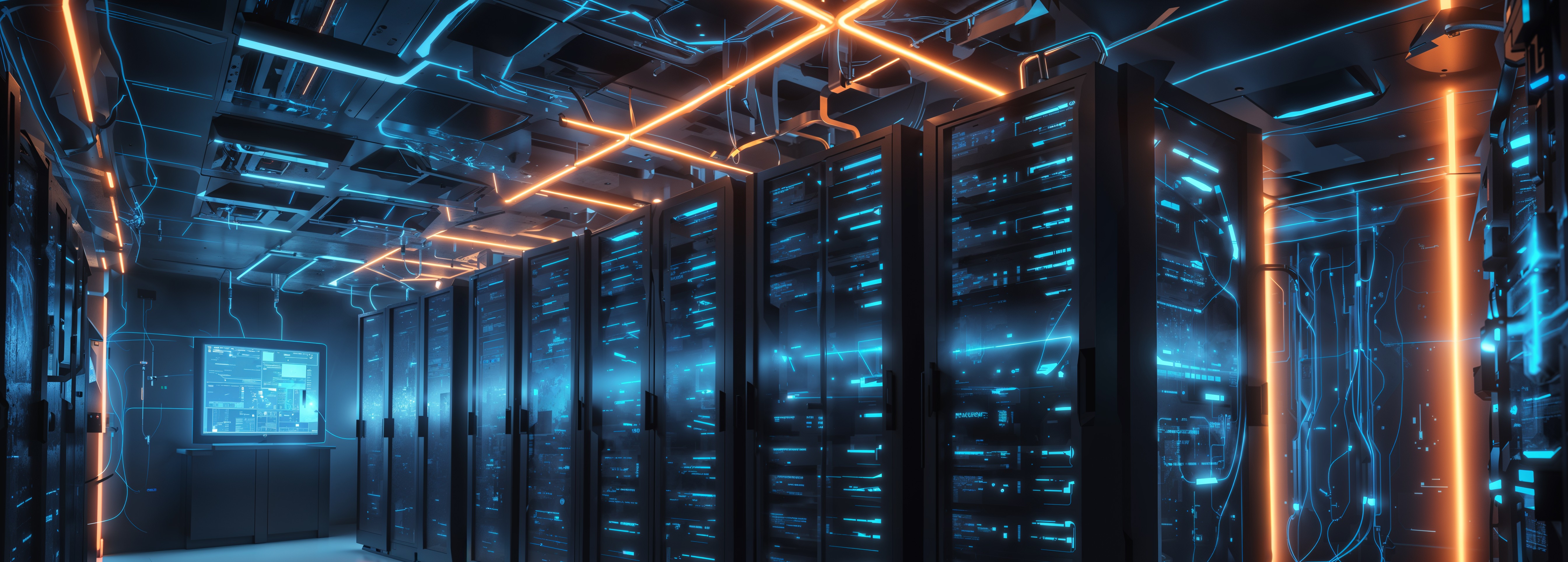 Server Management Service Banner showing secure servers, monitoring icons, technician managing server rack, and performance charts