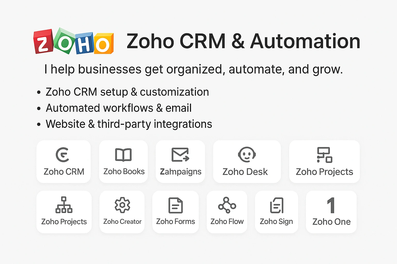 Zoho CRM and Automation services including lead management, custom CRM setup, workflow automation, Zoho Books, Campaigns, Desk, Projects, Creator, and full Zoho suite integration for business growth.